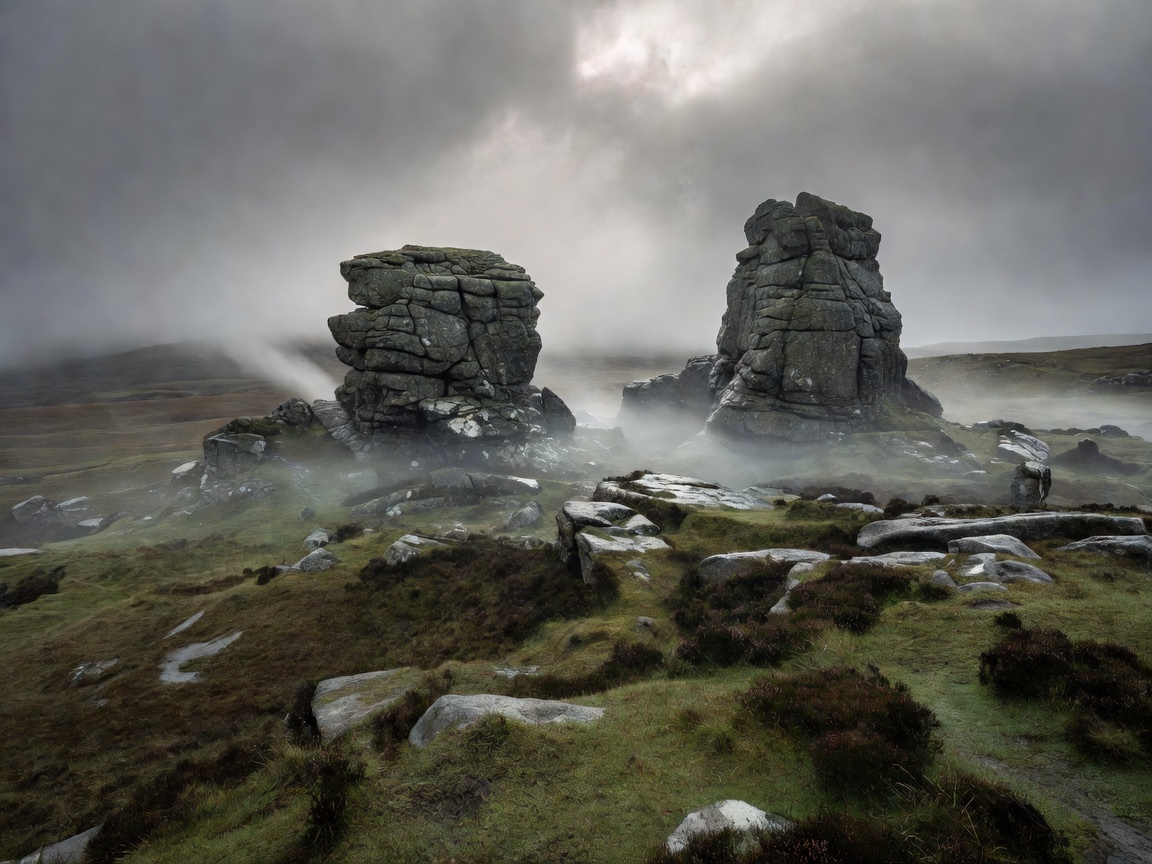 Eerie ancient stone tors in Dartmoor National Park United Kingdom