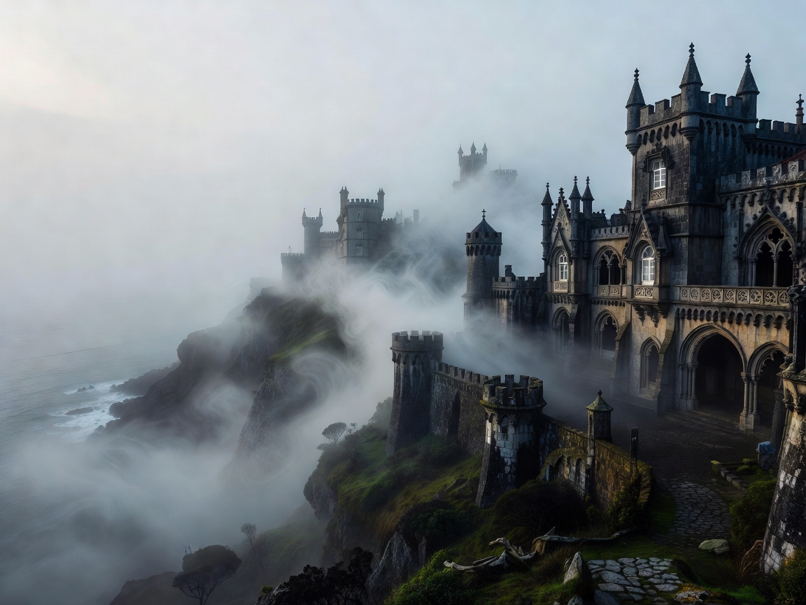 Gothic romantic palaces shrouded in coastal Atlantic mist in Sintra Portugal