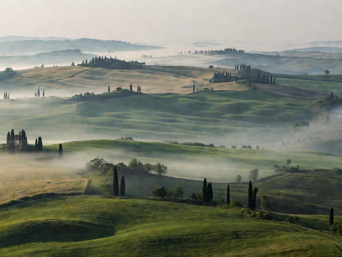 Misty rolling hills of Val d'Orcia in Tuscany Italy
