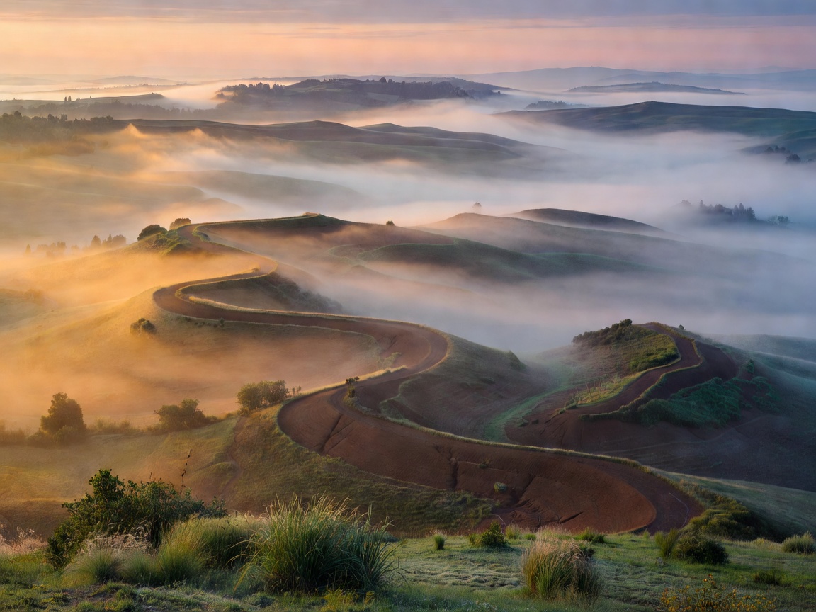 Misty Tuscan rolling hills and winding clay ridges of Val d'Orcia at sunrise