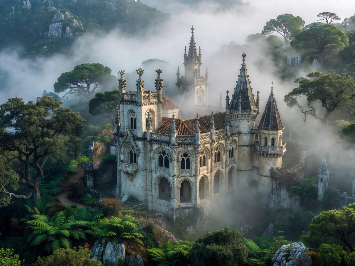 Neo-Manueline romantic palace turrets emerging through lush coastal mountain mist in Sintra Portugal