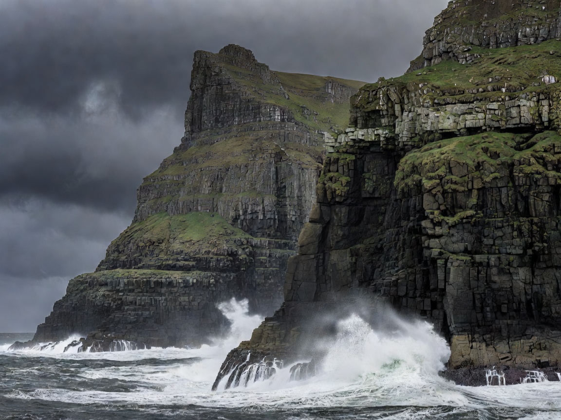 Towering basalt sea cliffs in the North Atlantic Faroe Islands