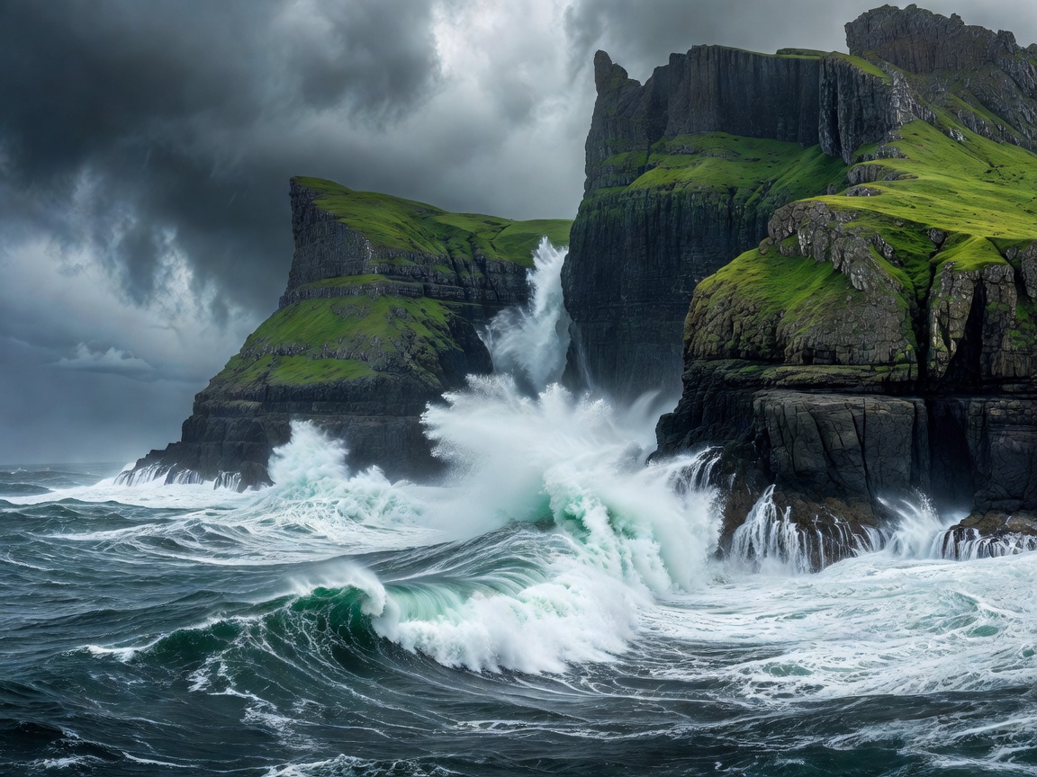 Towering green basalt sea cliffs meeting violent North Atlantic ocean waves in the Faroe Islands